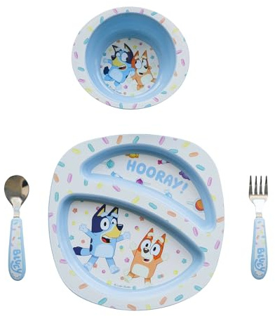 The First Years Bluey 4-Piece Place Setting - BPA Free Dishwasher Safe Toddler Dinnerware Set with Divided Plate, Bowl, Fork, Spoon - Multicolor