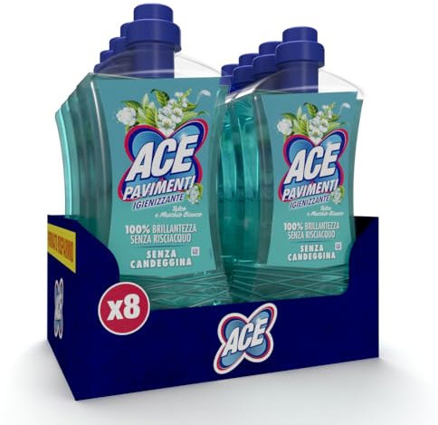 ACE Pavimenti Igienizzante Talco e Muschio Bianco, Senza Candeggina, 8 flaconi da 1 Litro