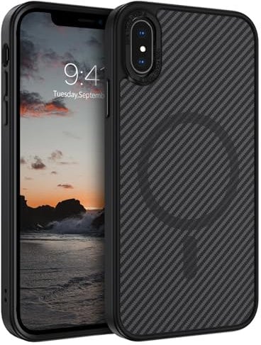YINLAI for iPhone X Magnetic Case iPhone XS Magnetic Case [Compatible with Magsafe] Carbon Fiber Support Wireless Charging Slim Full Shockproof Case for iPhone X/iPhone XS 5.8, Black
