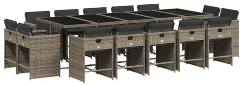 vidaXL Garten Essgruppe 15-TLG., Gartenmöbel Set mit Kissen, Gartengarnitur Tisch 14 Stühle, Sitzgruppe Sitzgarnitur, Grau Poly Rattan