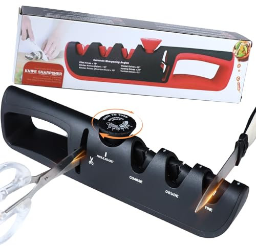 Affilacoltelli,Affilacoltelli 4 in1 con affilatrice per forbici,Affilacoltelli Professionale,pulsante dell'angolo regolabile a 6 livelli,Affilacoltelli Manuale,per affilare coltelli da cucina,forbici