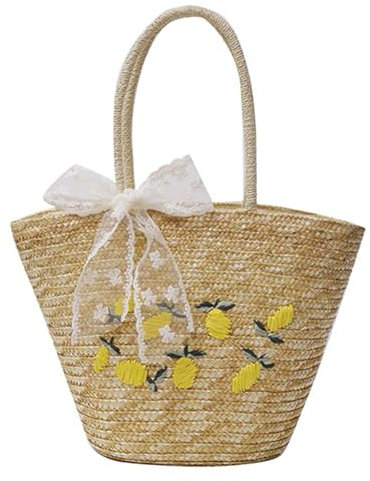 BIOSA Damen-Tasche mit Zitronen-Stickerei, große Kapazität, Obst-Stickerei, Korbtasche, Reißverschluss, Stroheimer, Handtasche, Reisetasche am Meer
