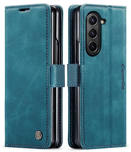 Cracedily for Samsung Galaxy Z Fold 5 Case, Wallet Case Flip Leather with Card Holder Magnetic Closure Shockproof Kickstand Protective Phone Cases Cover for Samsung Galaxy Z Fold5,Blue-Green