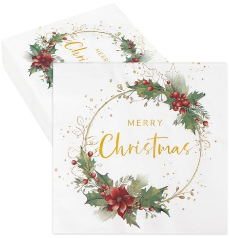 40 Pcs Christmas Paper Serviettes Merry Christmas Paper Napkin 2-Ply 33x33cm Altogether for Xmas Dinner Table Decoration Holiday Party Supply