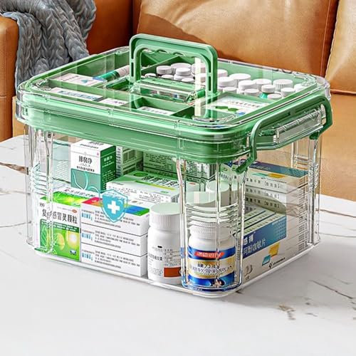 Household Medicine Storage Box Organizer - Double Layer Multi-Grid First Aid Box With Lid - Portable Cabinet for Home, School (Green-S)