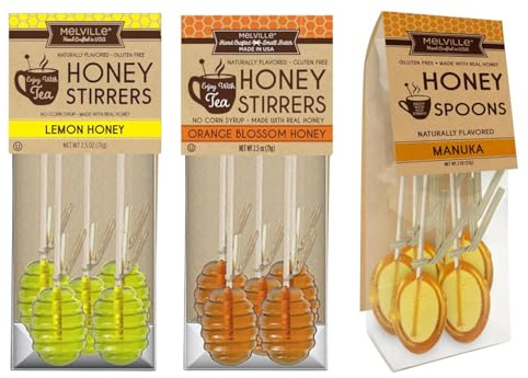 Melville Honey Spoon Bundle - 3 Flavors: Honey Dipper, Manuka, Lemon, Orange Blossom - 15 Candy Spoons - Hard Candy on Wooden Sticks