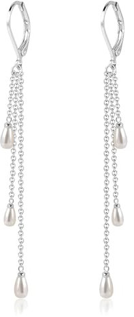 ASH'S CHOICE Sterling Silver Pearl Dangling Earrings - Small Silver Cartilage Huggies Hoop Earring with Long White Pearl Tassel French Hoop Dangle Earring