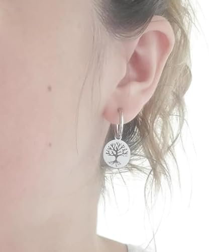 Boucles d'oreilles arbre de vie anneaux créoles acier inoxydable fait main cadeau anniversaire, noel, fête des mères (Argent)
