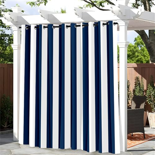 Hiseng Rideaux D'extérieur Imperméables 1 Piece Rayures Occultant Rideaux Solation Thermique Anti Chaleur Protection UV pour Pergola Jardin Tonnelle Terrasse Balcon (132x213cm,Bleu Blanc)
