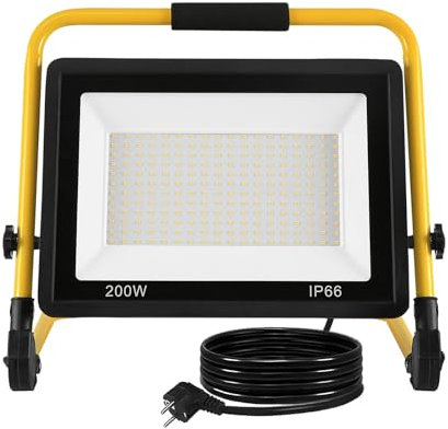 XMTECH LED Baustrahler Arbeitsleuchte 200W Warmweiß mit Standgestell und 3M Netzkabel, Baustellen Strahler LED Fluter Floodlight IP66 Wasserdicht für Garage, Garten, Baustelle, Werkstatt