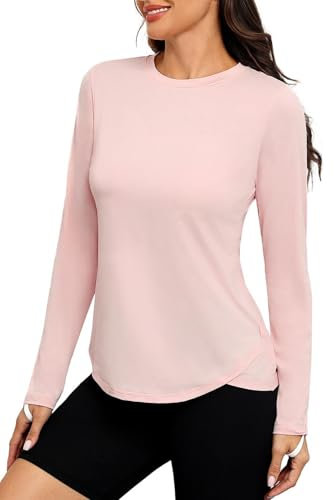 PINSPARK Sport Tshirt Damen Langarm Sport T Shirt UPF 50+ Schnelltrocknend Uv-Schutz Shirt Lässig Workout Laufen Yoga Top Winter Rashguards Wanderoberteile Rosa XL