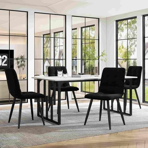 Esstisch Set Essgruppe(4 Stühle und 1 Tisch 140x80cm), modernes minimalistisches Esstisch Set, Weiße MDF-Tischplatte und schwarzer Samt Stühle