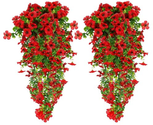 HBell Lot de 4 fleurs artificielles à suspendre, résistantes aux UV, plantes tombantes pour mur, maison, jardin, cour, terrasse, mariage, décoration intérieure et extérieure (rouge)
