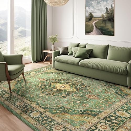 AAFUOO Grüner Teppich, Teppich für Wohnzimmer und Schlafzimmer, waschbarer orientalischer Vintage-Teppich, rutschfeste Teppiche, Teppich im Used-Look für den Innenbereich (Bordüre), 120 x 180 cm