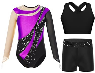 FEESHOW Mädchen Gymnastikanzug Langarm Glitzer Mit Kurze Hose Und Tank Top A_Violett 158-164