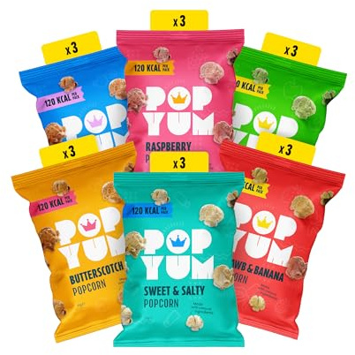 POPYUM Vegan & Gluten-Free Popcorn Variety Box, 18-Pack of 23g Bags | Halal & Kosher Multipack Snacks | Dairy-Free, Low-Calorie Office Snacks | Movie Night Popcorn Snacks | 6 Flavour Popcorn Box