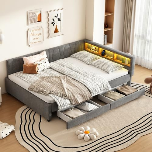 ANIROY Schlafsofa 140x200cm, Doppelbett mit LED und USB, Daybett Tagesbett Sofabett Bettgestell mit Lattenrost und 2 Schubladen, Leinen, ohne Matratze, Grau