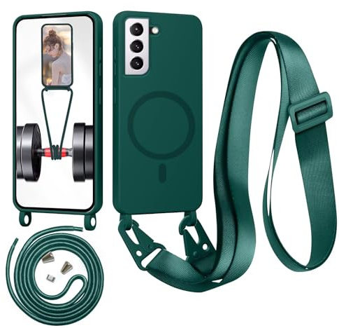 Beajew Handykette für Samsung Galaxy S22 Hülle mit Band [Kompatibel mit Magsafe] Flüssig Silikon Necklace Handyhülle Magnetische Schutzhülle zum Umhängen Kordel für Samsung Galaxy S22, Dunkelgrün