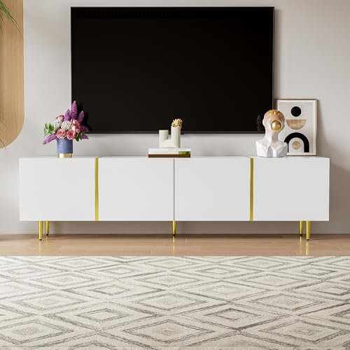 Modern High Gloss TV Stand with 4 Doors 170cm Long Sideboard Gold Legs Stylish TV Cabinet for Living Room White Entertainment Center Furniture