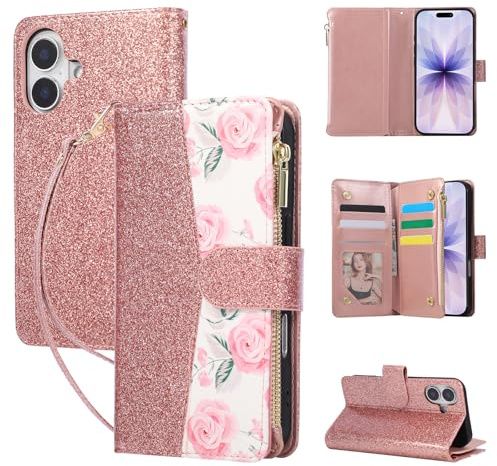 QLTYPRI Case for iPhone 17, Large Capacity Leather Wallet Case 6 Card Holder and 1 Zipper Pocket Kickstand Wrist Strap Magnetic Protective Cover for iPhone 17-Glitter Flower Rose Gold