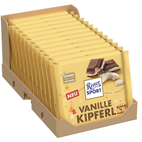 Ritter Sport Vanillekipferl, weiße Schokolade mit knusprigen Vanillekipferl-Stückchen, cremig & winterlich-aromatisch, ideal für Kinder & Erwachsene, 12 x 100 g