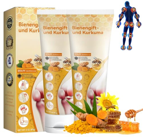2 Stück Bienengift&Kurkuma Gelenk Creme, Bienengiftsalbe zur täglichen Gelenkpflege, Bee Venom Creme für Nacken, Rücken, Hände&Füße, Feuchtigkeitsspendend & Beruhigend für beanspruchte Gelenke, 2×85g