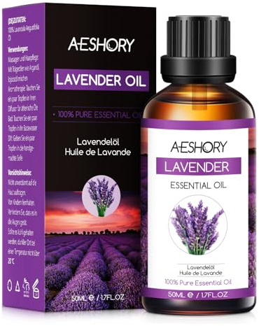AESHORY Olio Essenziale di Lavanda 50ML, Naturali Olio di Lavanda, Olio Profumati Aromaterapia Premium per Diffusori, SPA, Massaggio, Cura della Pelle