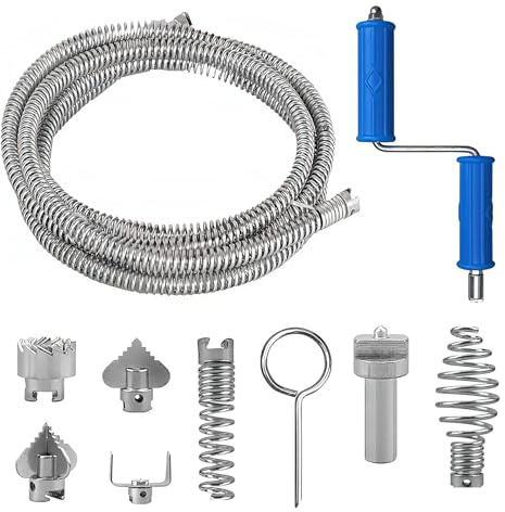 Drain Snake 5m Pipe Cleaner Tool, 12mm Spiral Drain Unblocker with 6 Cutting Heads & Adapter for Sink, Bathroom and Kitchen