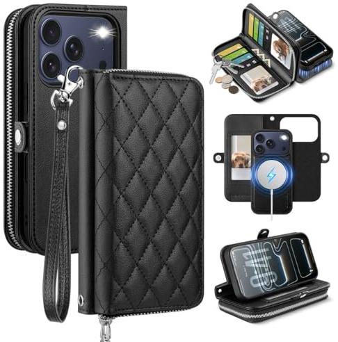 OCASE Kompatibel für iPhone 17 Pro Max, 2 IN 1 Abnehmbare Handyhülle, Premium PU Leder, mit 10 Kartenfach, Magnetisches Kabelloses Aufladen, Crossbody Band, Reißverschluss-Geldbörse Argyle Schwarz
