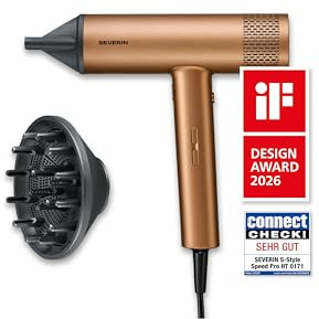 Severin Haartrockner, Ionen-Föhn, mit Anti-Frizz, 2000W, 3 Temperatur-& 3 Leistungsstufen, Kaltstufe, inkl. Konzentrator, Diffusor, schonendes Styling, 2,8m Kabel, S-Style, bronze/schwarz, HT 0172