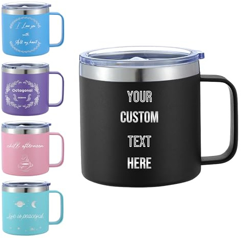 Mocessory 14oz Personalised Engraved Stainless Steel Insulated Coffee Mug | Customisable Thermal Travel Cup with Handle & straw, Vacuum Double Walled Tumbler for Hot/Cold Drinks