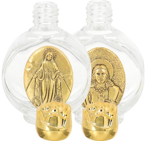 JEWEDECO Flacons D'eau Bénite en Verre Doré 2pcs, Bouteilles Décoratives Étanches et Portables pour Baptême et Bénédictions, Design Élégant en Métal et Verre Style Plusieurs styles