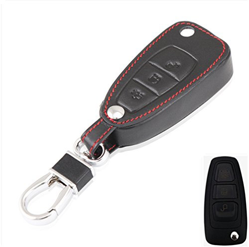 Happyit Cas de Couverture de Clé de Voiture en Cuir Porte-clés pour Ford Focus 3 mk3 mk4 Kuga Edge Mondeo Titanium avec Porte-clés (Noir)