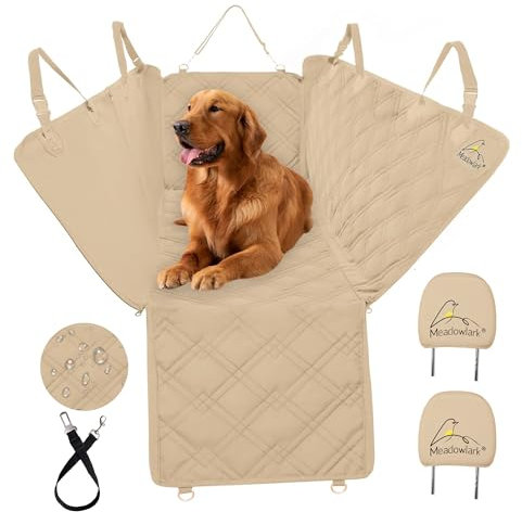 Meadowlark XL Hundesitzbezüge, einzigartiges Design, vollständiger Autoschutz, Türen, Kopfstützen und Rücksitz, Seitenklappe, wasserdichter Hängematte, Haustiersitzbezug + Sicherheitsgurt und 2