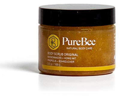 Parfümfreies Körperpeeling mit Bienenwachs, Propolis & Honig | Hi, I'm Pure! | 2-in-1 Body Scrub: Reinigung + Body Lotion | Handgemacht in Baden-Württemberg | PureBee (Ohne Duft, 100g Tiegel)