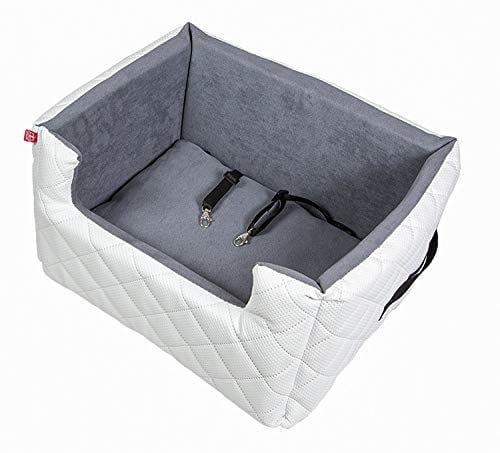 Exclusive Hunde Autositz | Autositz für Hunde, Katzen, Haustier | Rückbank, Beifahrersitz | Hundebett, Hundetasche | Kunstleder | Farbe: Weiß | Große: L (57x50 cm)