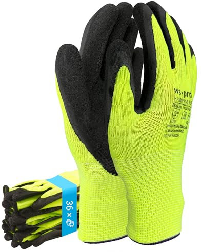Trevendo 36 Paar Arbeitshandschuhe - neongelbe Montagehandschuhe mit Latex Beschichtung (Gr??? e 10)