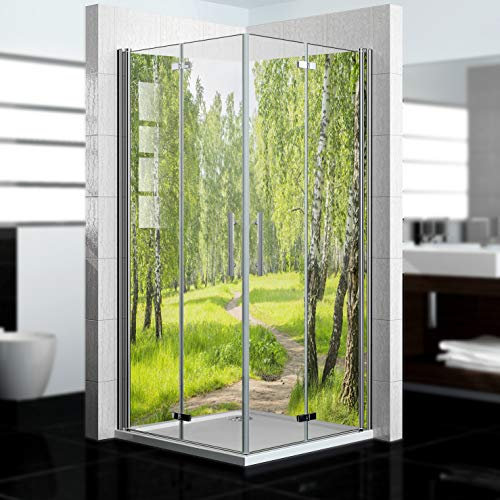 dedeco Eck-Duschrückwand wasserfest mit Wald V2 Motiv - 2 x 90x200 cm, als Badrückwand zum Fliesenersatz, als Dekorwand, Wandverkleidung und Duschplatte aus hochwertigem Aluminium - Made in Germany