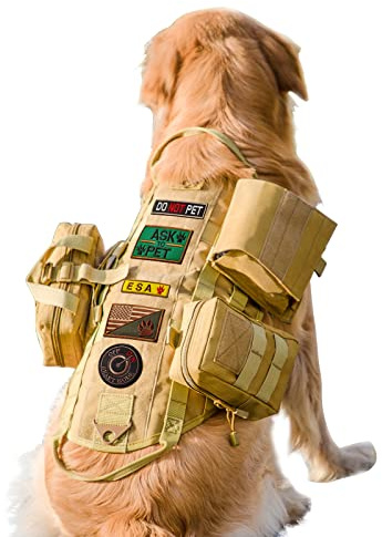 AIWAI Tactical Dog Harness with Pockets, No-Pull Adjustable Vest for Large & Medium Dogs, Reflective Service Dog Harness with Handle & Hook for Hiking, Training & Walking (Khaki, Medium)