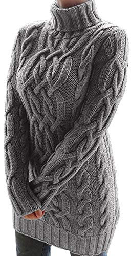 Long Turtle Neck Oversized Cable Knit Jumper Dress Women Ladies High Neck Sweater for Women Pullover Sweaters Pullovers Thick Fitted Plain Grey XL