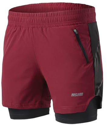 ARSUXEO Men's 2 in 1 Active Running Shorts with 2 Zipper Pockets B191