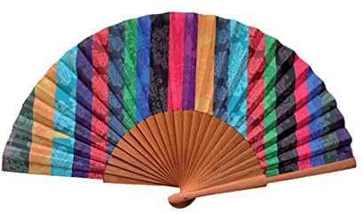 Abanico Español Bambalinas - Madera y Algodón - 23 cm - Estuche y Funda de Yute - Accesorio de Moda - Hecho a Mano en España - Eventos y Regalos - Colección Patchwork - Tusitala Barcelona