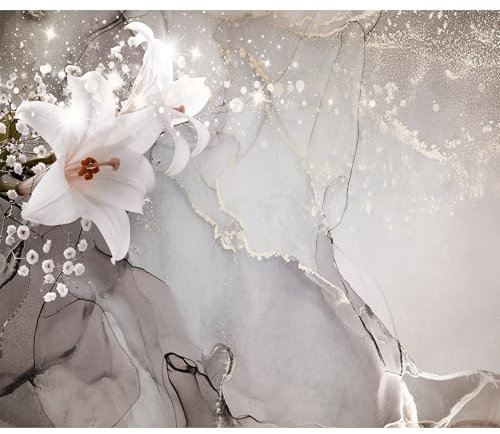 decomonkey - Papier Peint Panoramique Fleurs Abstrait 350x256 cm - Décoration murale moderne – Tapisserie décorative pour chambre salon - Marbre plantes lys fleurs nature abstraction