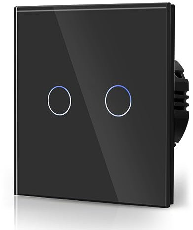 BSEED Interruptor Tactil luz pared,Interruptores Conmutador Modernos,Vidrio Panel con luz Piloto,Sin Función Wifi,2 Gang 1 Vía,86mm Negro