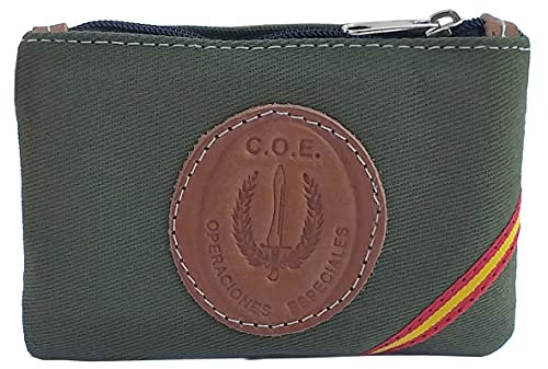 Tiendas LGP – Monedero COE, Lona y Piel, Color Verde, con Bandera de España, 11 x 7,5 cm.