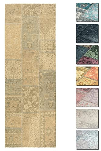 TESSO LIVING Kelim Patchwork Teppich Senfgelb 80 X 290 cm - Maschinenwaschbar - Moderner Kurzflor Wohnzimmer Teppich - Super Soft