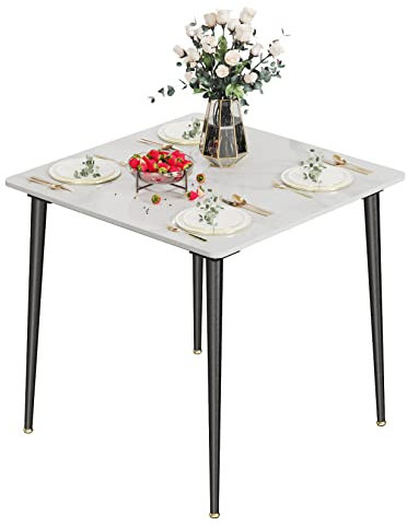 FATIVO Esstisch Kleiner Küchentisch Marmor für 2 Personen, Esszimmertisch einfach Wohnzimmer Esstisch weiß Hochglanz Tische für Esszimmer Restaurant Metall Tischbeine 80×80 cm Skandinavisch