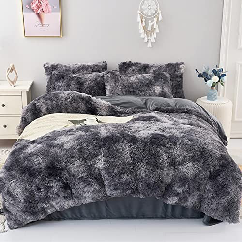 AShanlan Warme Plüsch Bettwäsche 135x200 Flauschig Winter Bettbezug Langhaar Flausch Fleece Plüschbettwäsche Set mit Reißverschluss Kopfkissenbezug Ombre Grau - 135 x 200 + 80 x 80 cm