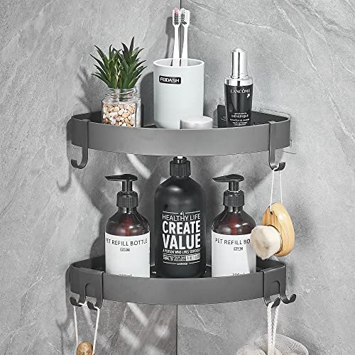 TRUSTLIFE Shower Storage Bathroom Shelf Shower Corner Caddy No Drilling Shower Organiser with Hooks, Wall Mounted Bath Shelf for Bathroom, Wetroom - 2 Pack, Grey