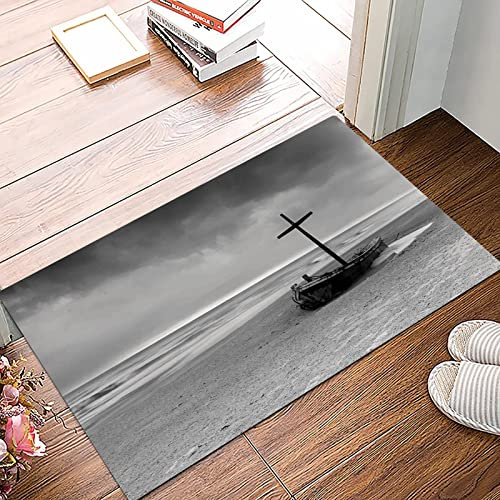 Badematte 50x80cm, Rutschfeste Badteppich, Ocean Decor, Wrack kleines gestrandetes Boot am Meer Schnee Wolken Windy Day W,Mikrofaser Badvorleger mit, Wasserabsorbierende Weiche teppiche für Badezimmer